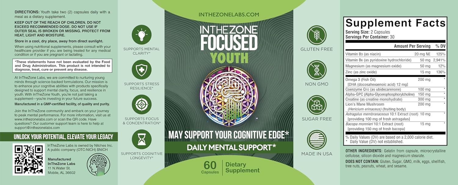 Premium Youth Cognitive Development Formula for Focus, Memory, & Clarity - 60 Capsules