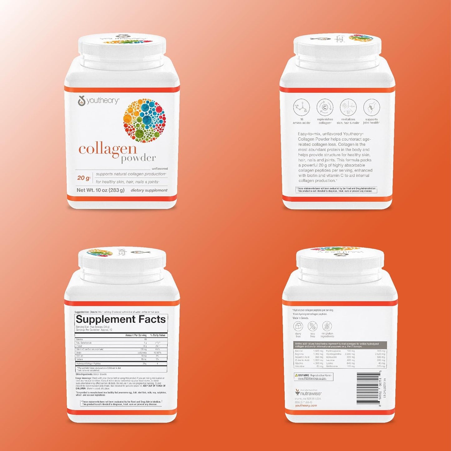 Premium Youtheory Collagen Powder with Vitamin C & Biotin - Supports Hair, Nails, Skin & Joints - Dairy, Soy & Gluten Free - Unflavored - 10 oz