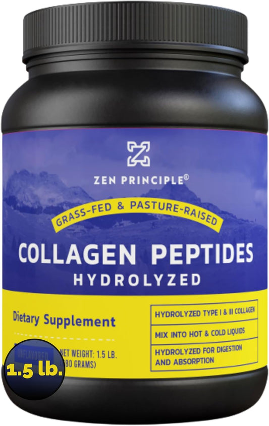 Premium Zen Principle Grass-Fed Collagen Peptides 1.5 lb - Anti-Aging Protein Powder for Hair, Skin, Joints & Nails - Paleo & Keto Friendly, GMO & Gluten Free - Pasture-Raised Bovine