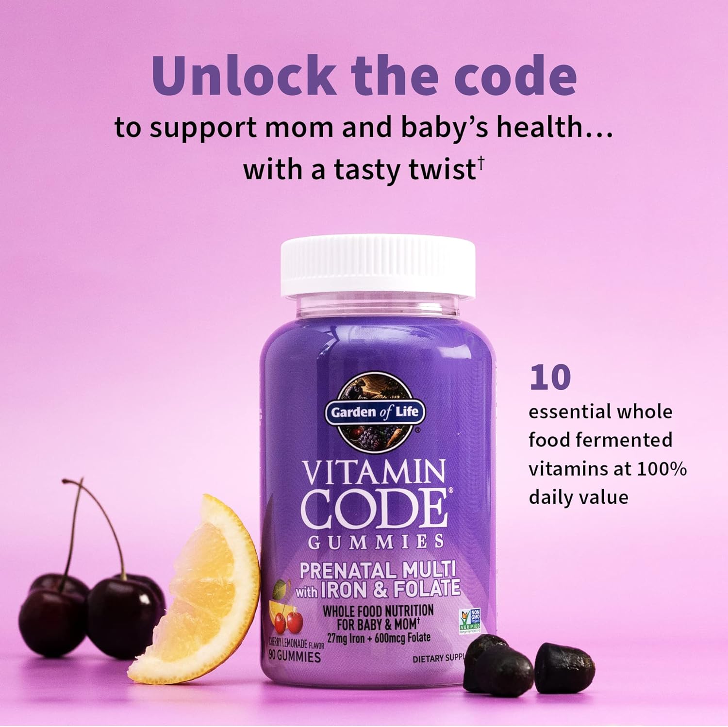Prenatal Gummy Vitamins with Iron, Folate, Biotin, D3, B12 & Probiotics, Non-GMO, Gluten-Free - 90 Cherry Lemonade Gummies