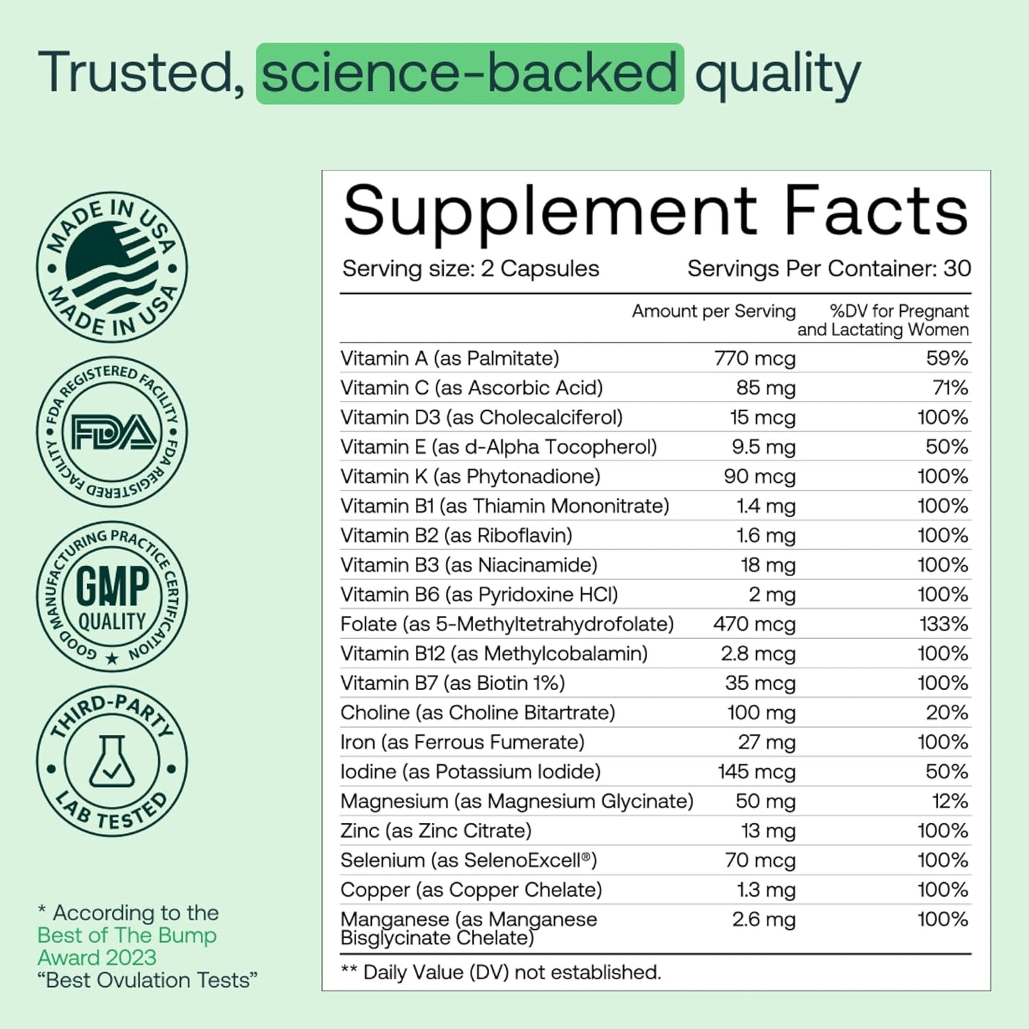 Prenatal Multi-Vitamin for Women with Folate & Choline, 60 Capsules - Supports Pregnancy & Fetal Development