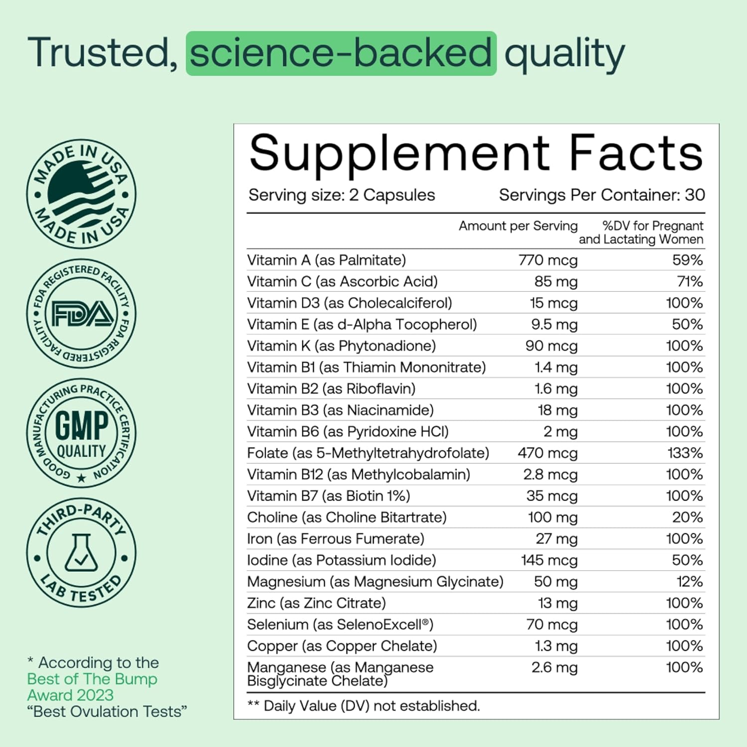 Prenatal Multi-Vitamin for Women with Folate & Choline, 60 Capsules - Supports Pregnancy & Fetal Development