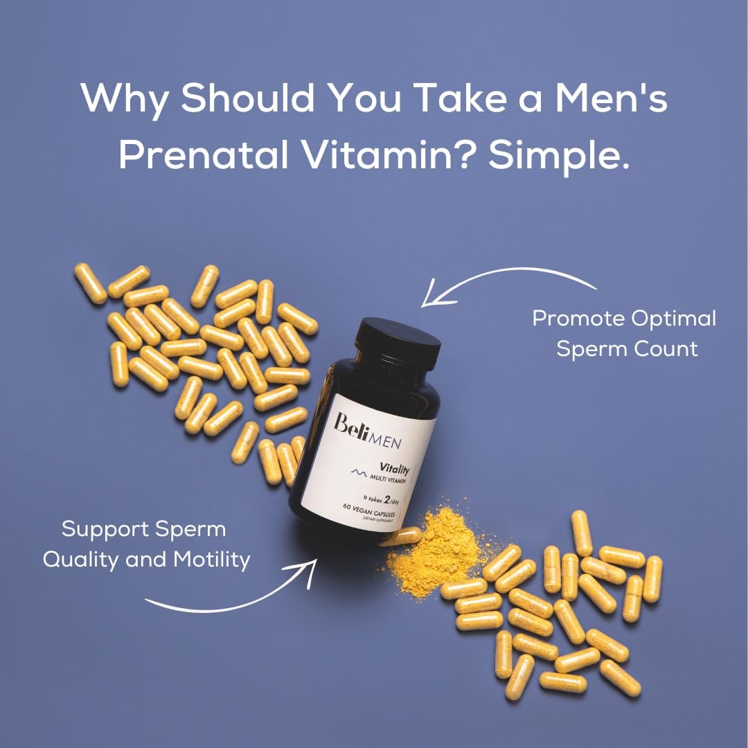 Prenatal Multivitamin for Men: Fertility Support, Enhanced Sperm Health & Testosterone - 60 Capsules with Vitamin E, B6, B12, Zinc, Folate, CoQ10 - 30-Day Supply