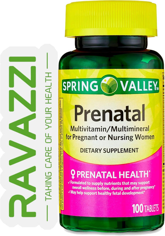 Prenatal Multivitamin for Pregnant & Nursing Women, 100 Tablets with Ravazzii Sticker - Spring Valley Dietary Supplement