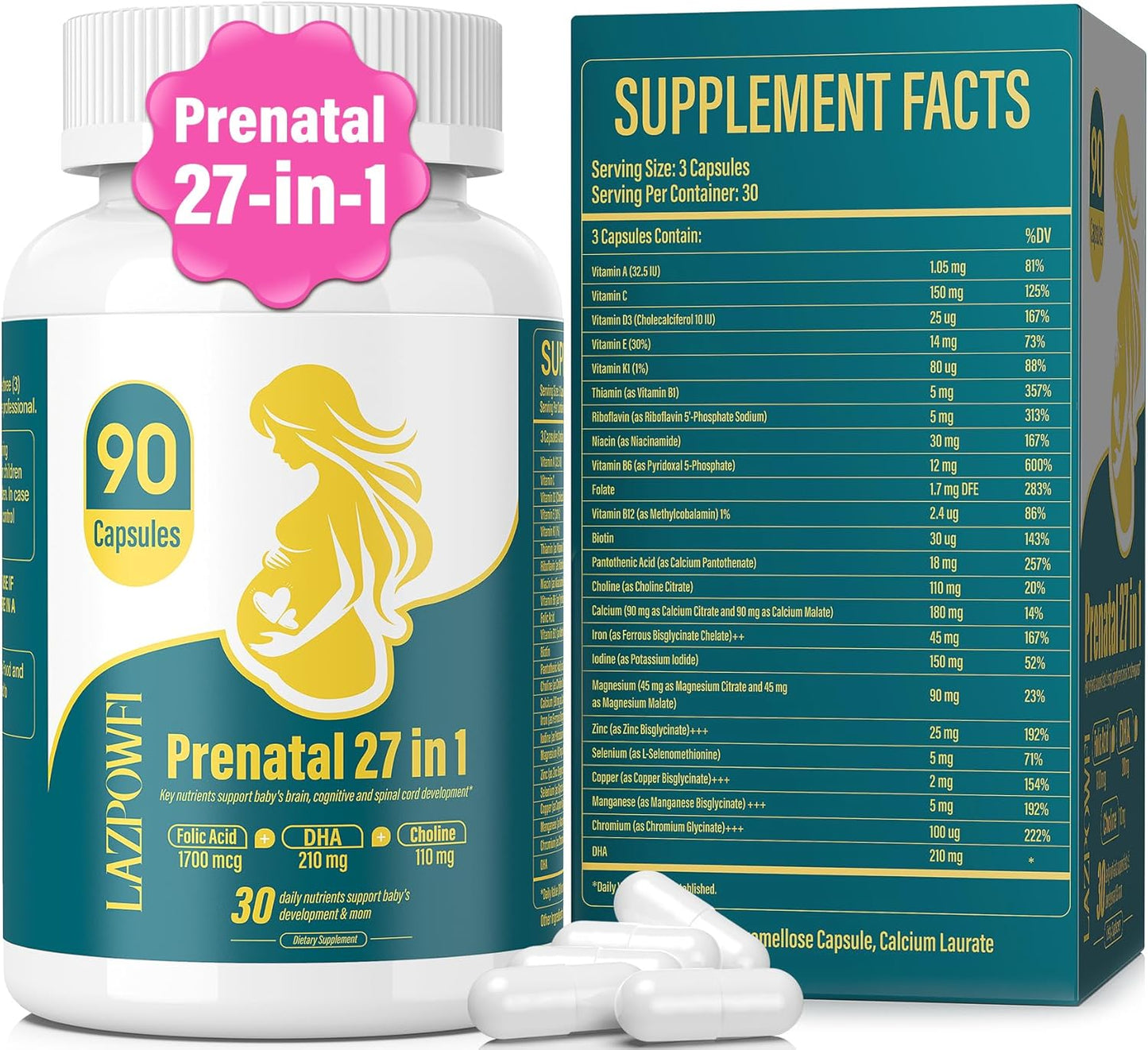 Prenatal Multivitamin for Women with Folic Acid, DHA, Choline, Niacinamide, Biotin, and Minerals - 27-in-1 Supplement - 90 Capsules - 30 Servings