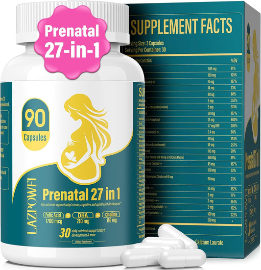 Prenatal Multivitamin for Women with Folic Acid, DHA, Choline, Niacinamide, Biotin, and Minerals - 27-in-1 Supplement - 90 Capsules
