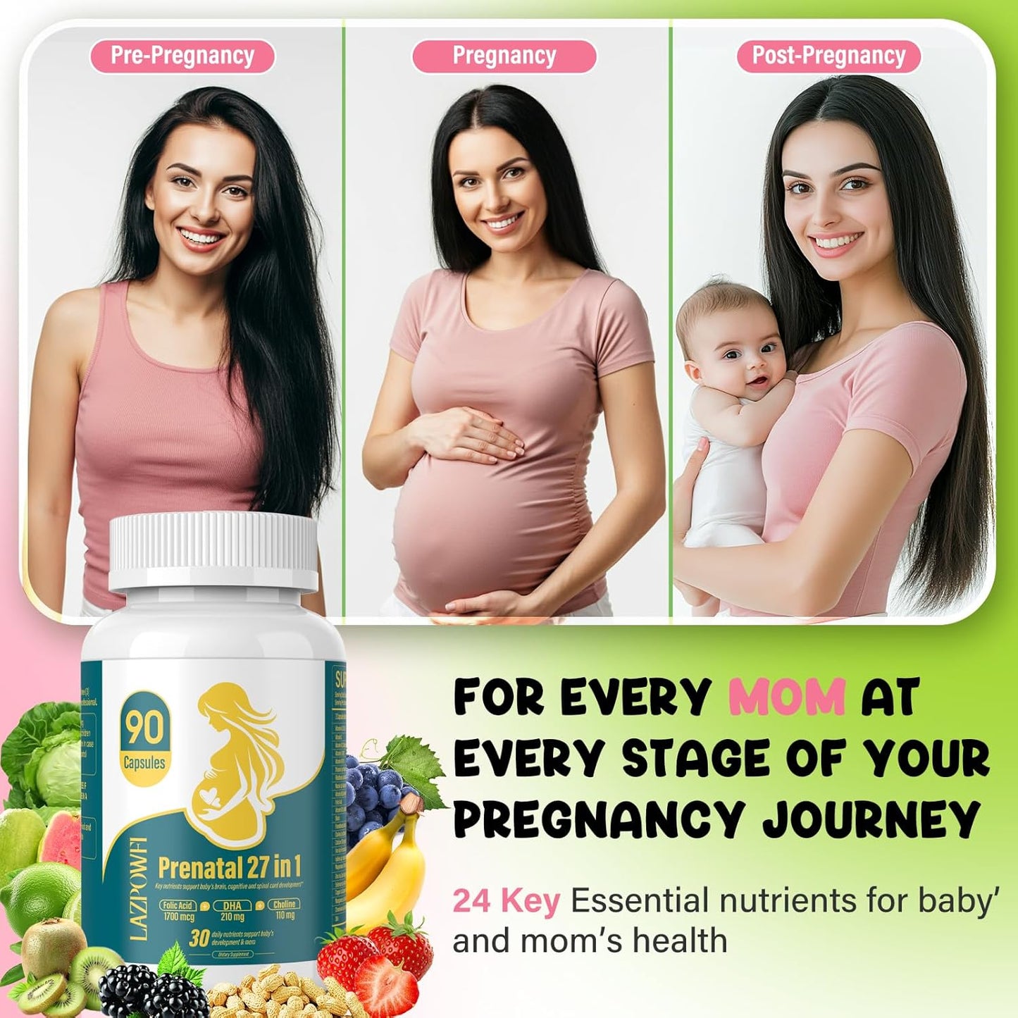 Prenatal Multivitamin for Women with Folic Acid, DHA, Choline, Niacinamide, Biotin, and Minerals - 27-in-1 Supplement - 90 Capsules