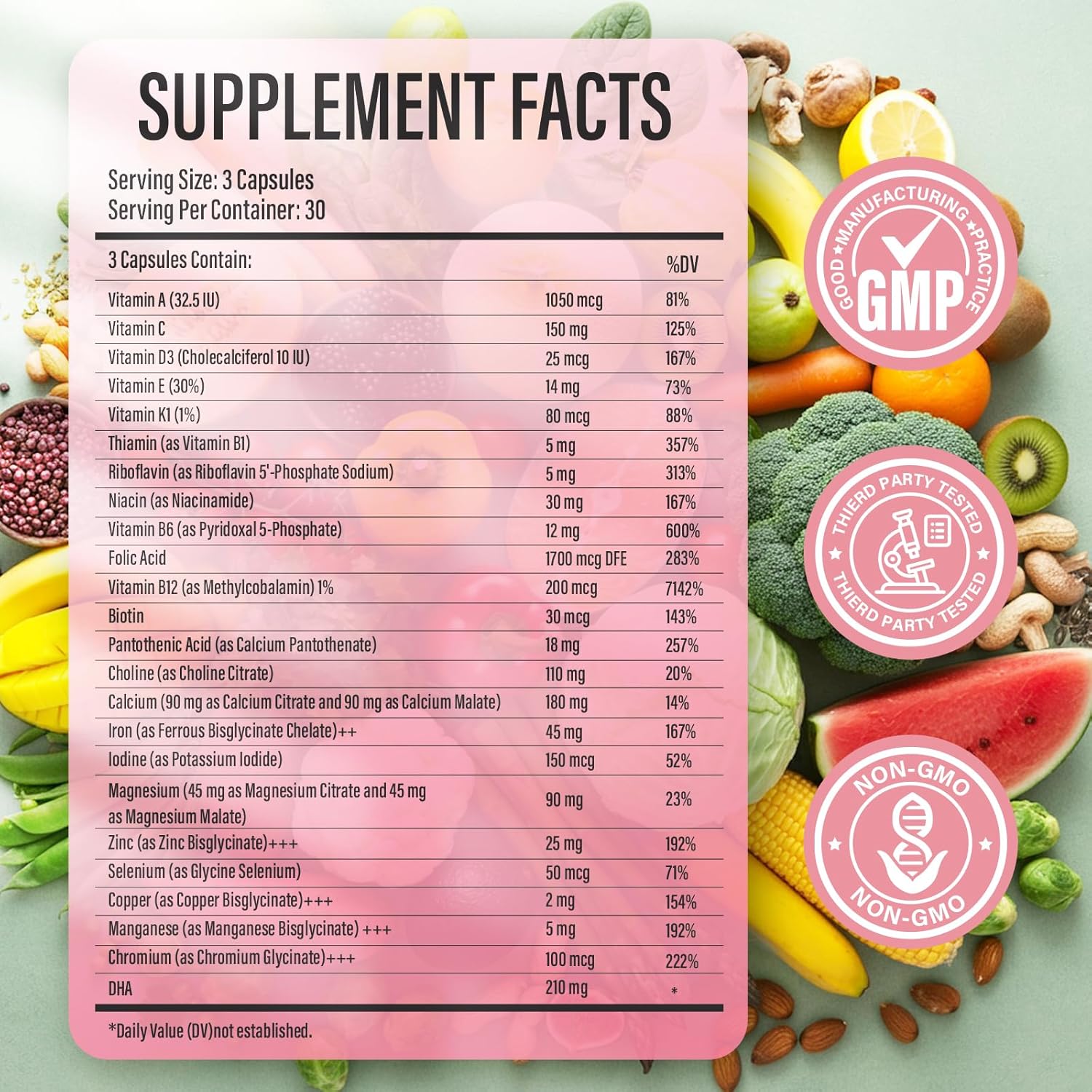 Prenatal Multivitamin for Women with Folic Acid, DHA, Choline, Niacinamide, Biotin, and Minerals - 27-in-1 Supplement - 90 Capsules
