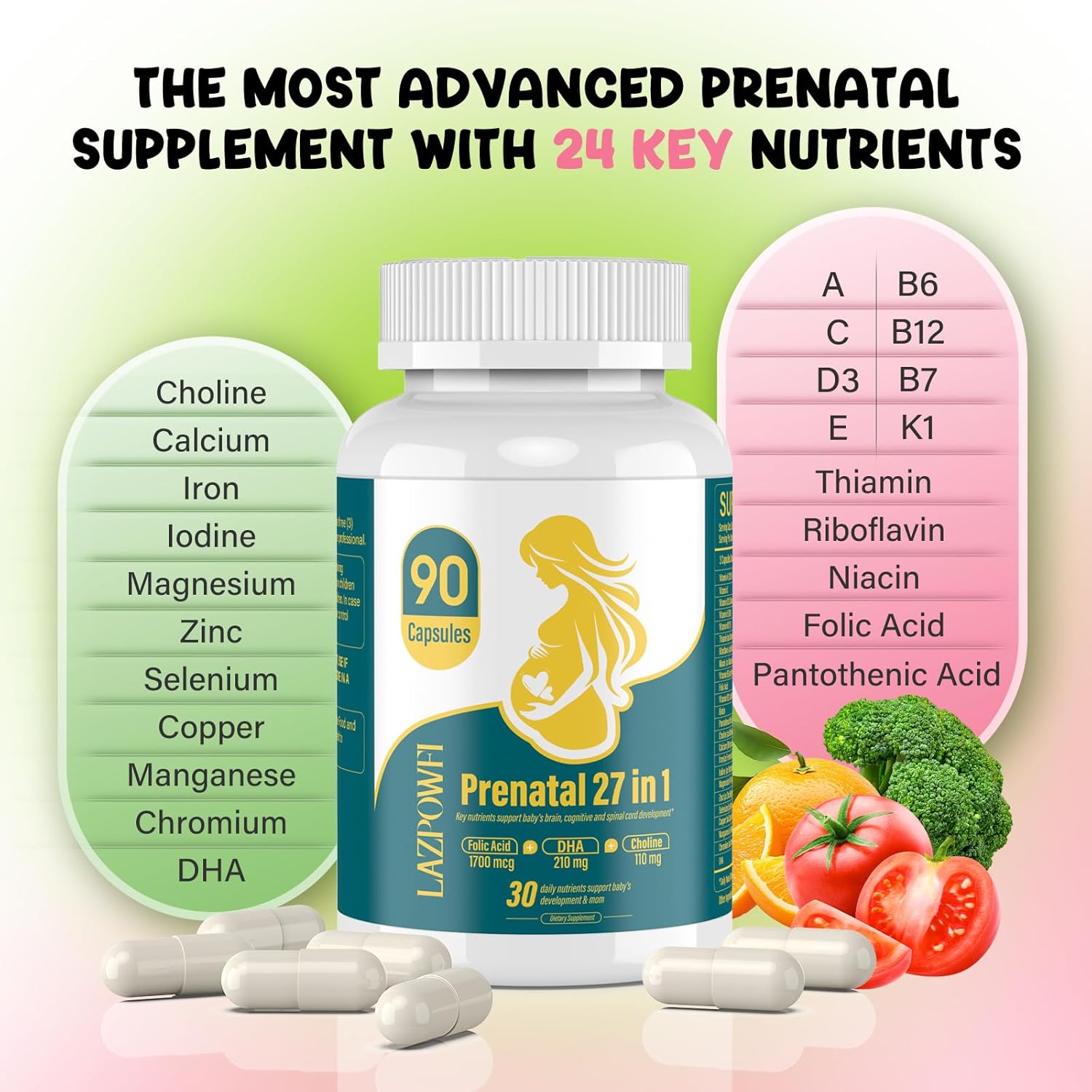 Prenatal Multivitamin for Women with Folic Acid, DHA, Choline, Niacinamide, Biotin, and Minerals - 27-in-1 Supplement - 90 Capsules - 30 Servings