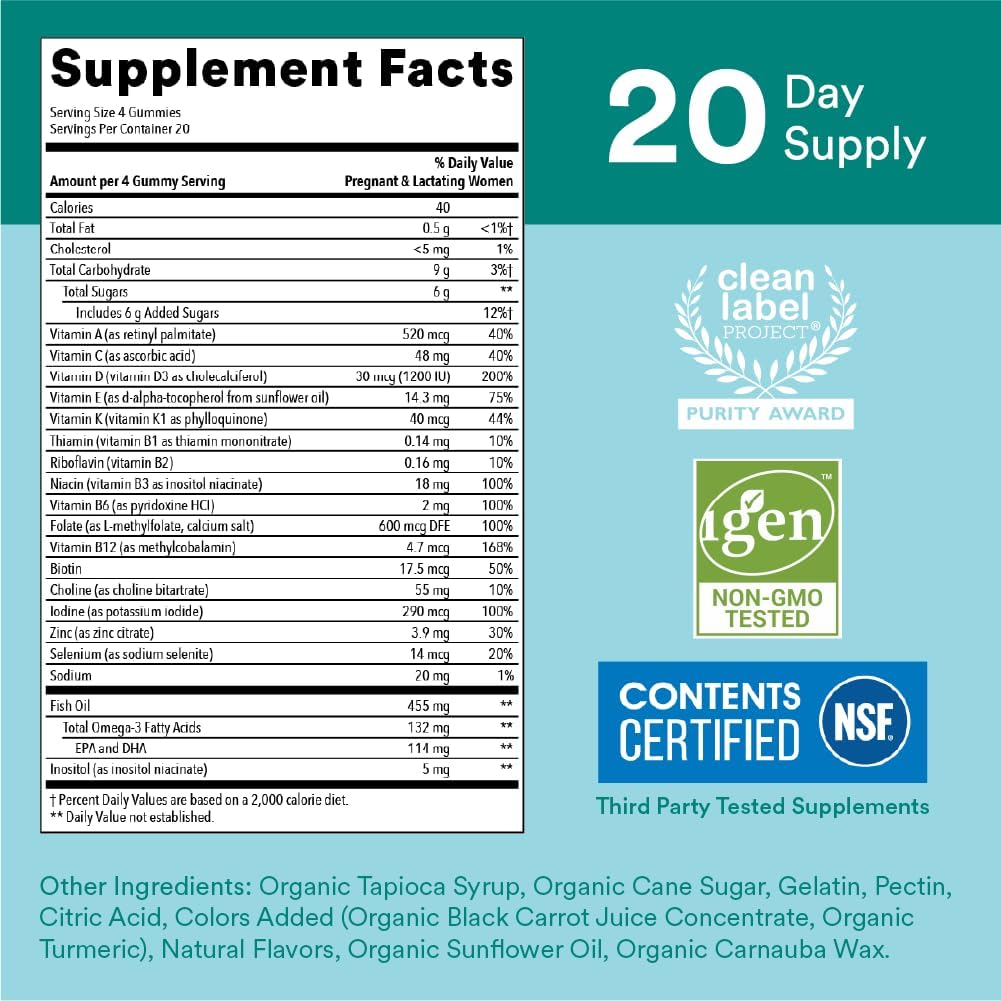 Prenatal Multivitamin Gummies with Omega 3, Biotin, Methylfolate, D3, C, B12, B6, A, K, Zinc, Inositol - 80 Count