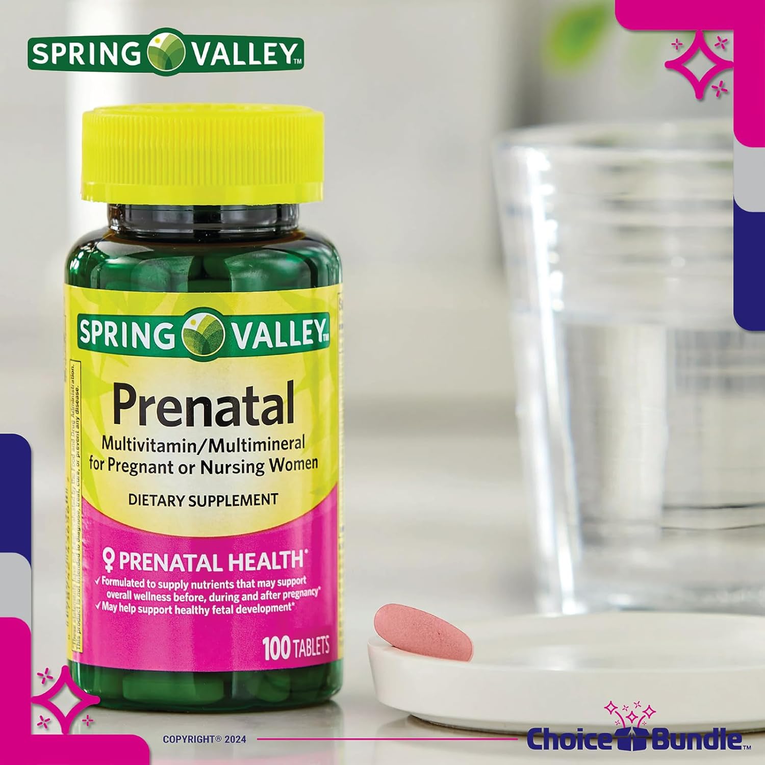 Prenatal Multivitamin Multimineral Tablets Bundle for Pregnant & Nursing Women - 100 Ct + Vitamin Guide & Pill Container