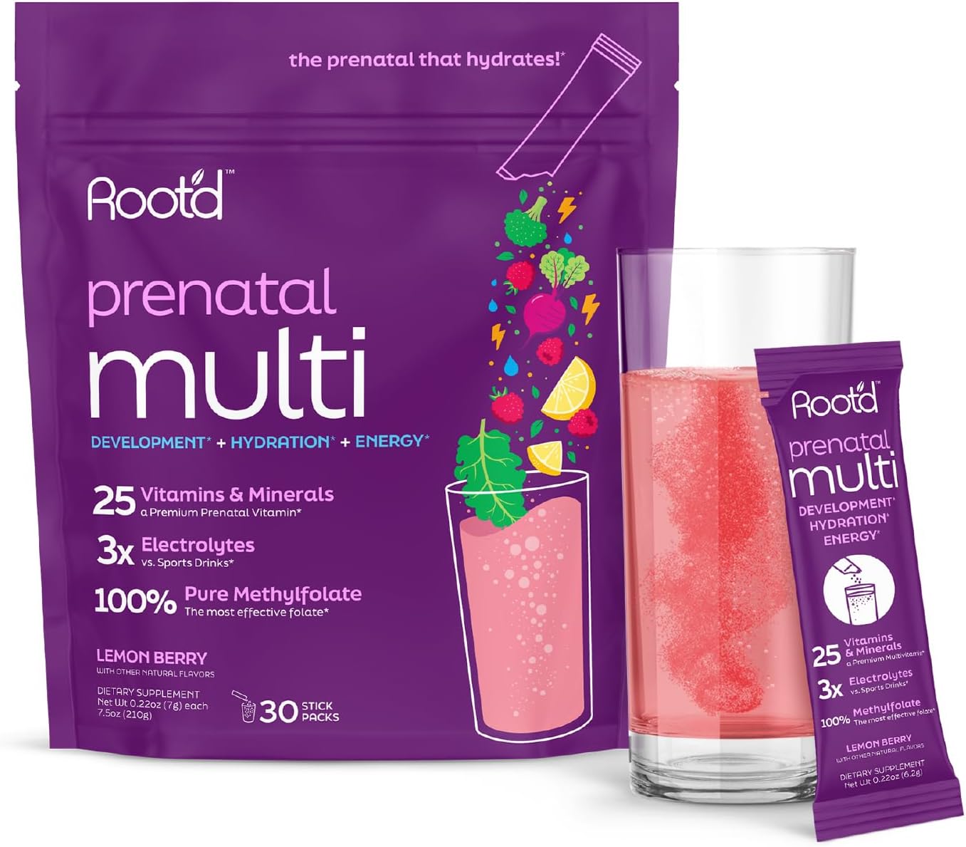 Prenatal Multivitamin Powder with 25 Vitamins & Minerals, Electrolytes, Superfoods, Probiotics, Sugar-Free Hydration | 30 Packets