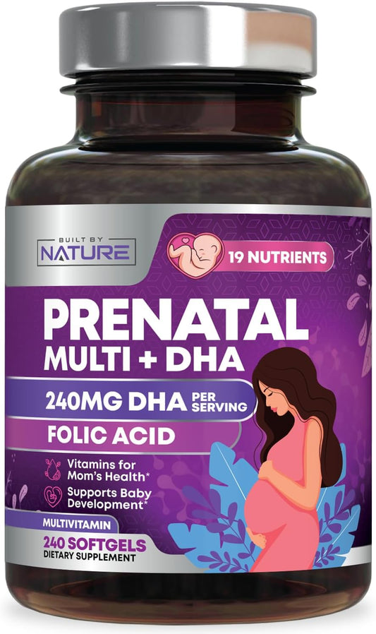 Prenatal Multivitamin with DHA, Folic Acid, Vitamin C, B12, Iron & Omega-3 - 240 Softgels for Women's Healthy Growth & Brain Development