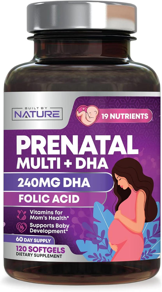 Prenatal Multivitamin with DHA, Folic Acid, Vitamin C, B12, Iron & Omega-3 - 120 Softgels for Women - Supports Healthy Growth & Brain Development Before, During, & After Pregnancy