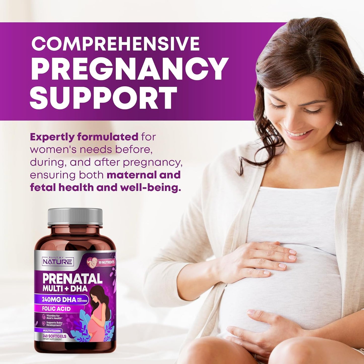 Prenatal Multivitamin with DHA, Folic Acid, Vitamin C, B12, Iron & Omega-3 - 240 Softgels for Women's Healthy Growth & Brain Development