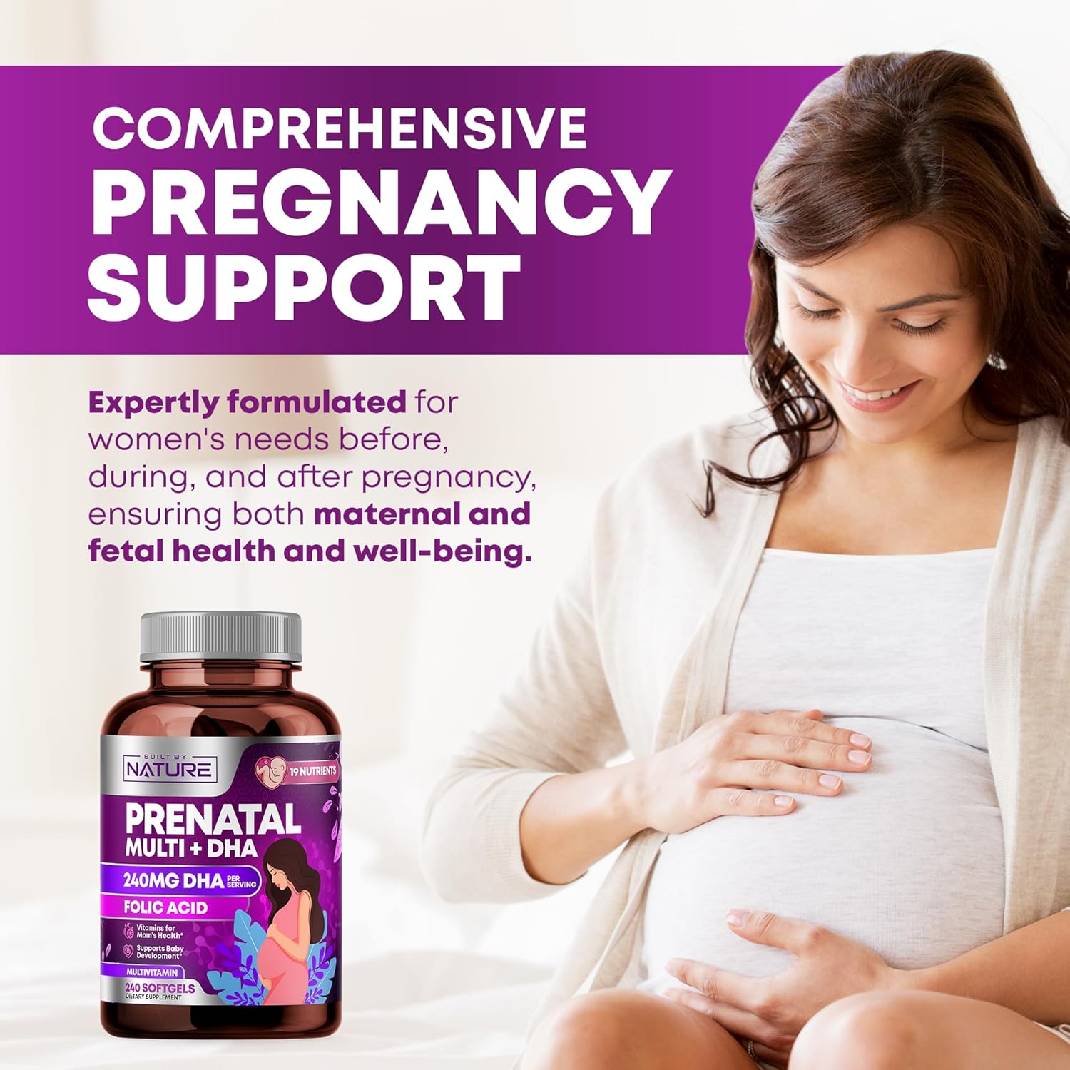 Prenatal Multivitamin with DHA, Folic Acid, Vitamin C, B12, Iron & Omega-3 - 240 Softgels for Women's Healthy Growth & Brain Development