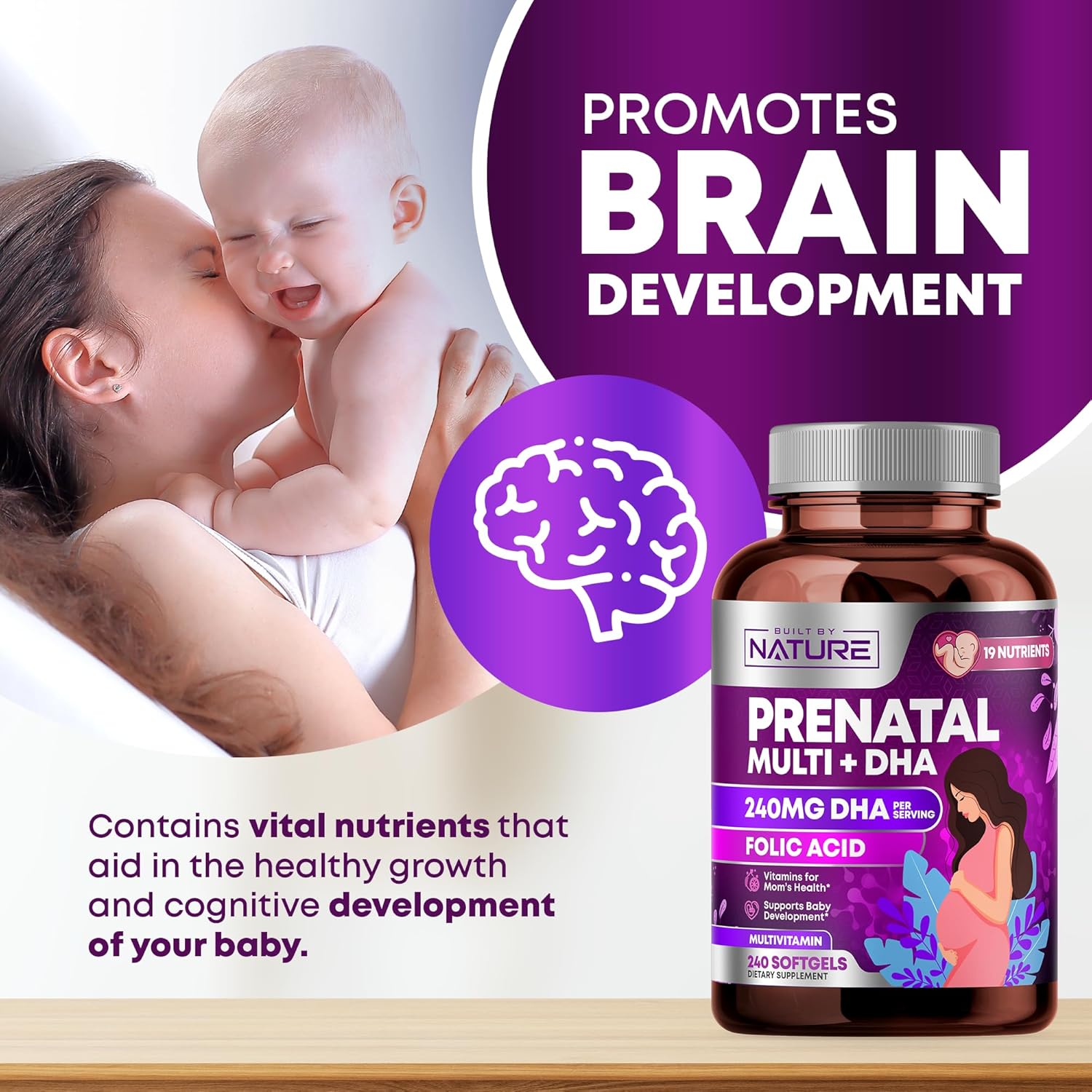 Prenatal Multivitamin with DHA, Folic Acid, Vitamin C, B12, Iron & Omega-3 - 240 Softgels for Women's Healthy Growth & Brain Development