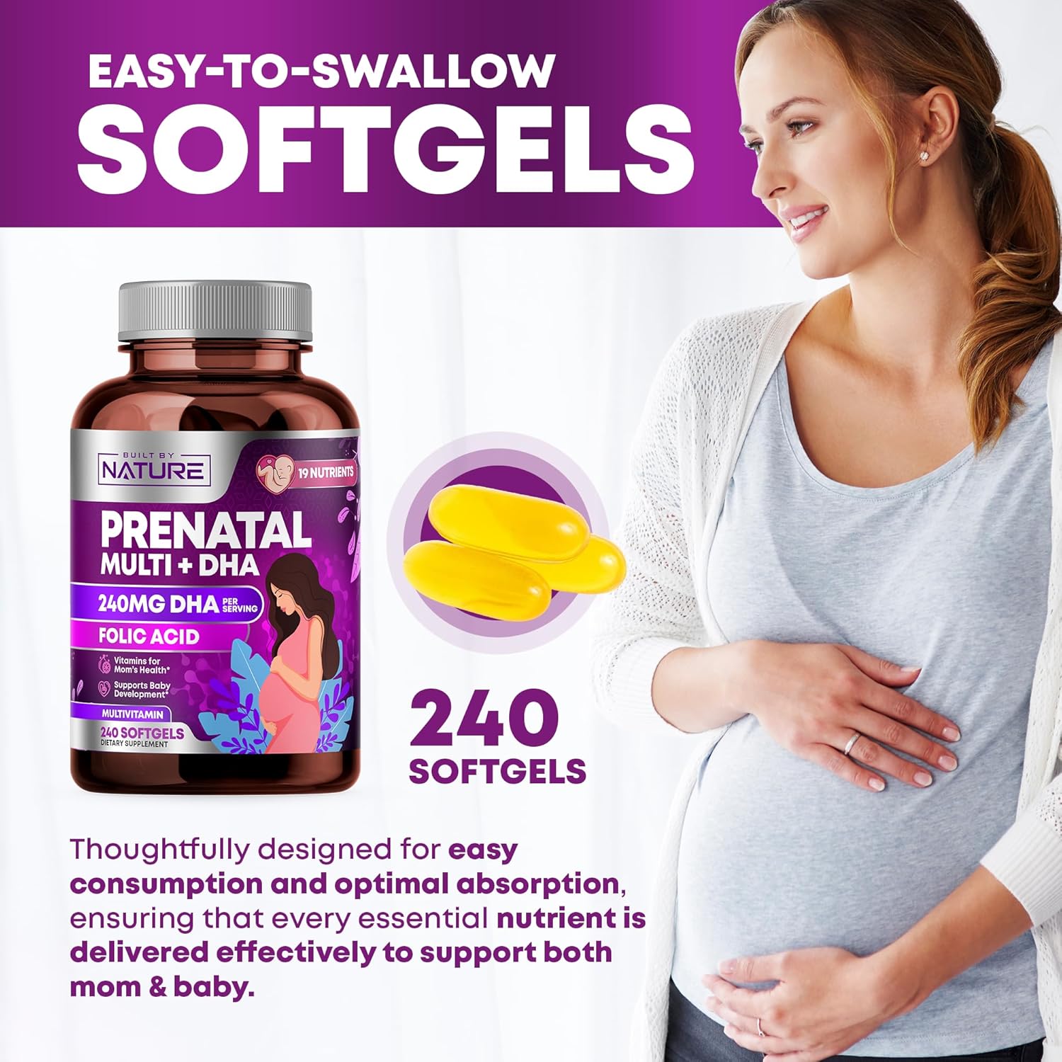 Prenatal Multivitamin with DHA, Folic Acid, Vitamin C, B12, Iron & Omega-3 - 240 Softgels for Women's Healthy Growth & Brain Development