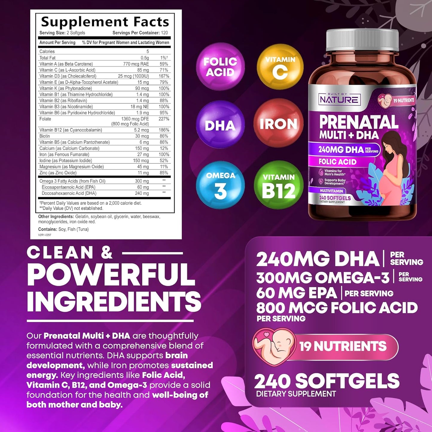 Prenatal Multivitamin with DHA, Folic Acid, Vitamin C, B12, Iron & Omega-3 - 240 Softgels for Women's Healthy Growth & Brain Development