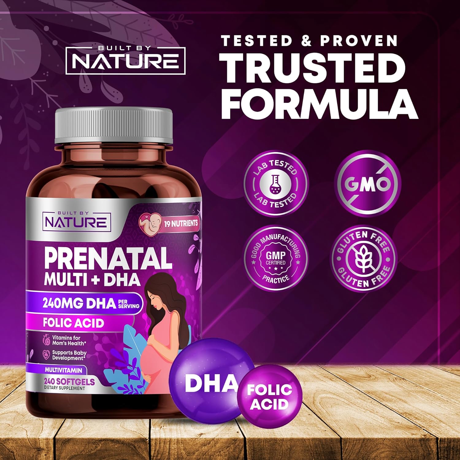 Prenatal Multivitamin with DHA, Folic Acid, Vitamin C, B12, Iron & Omega-3 - 240 Softgels for Women's Healthy Growth & Brain Development