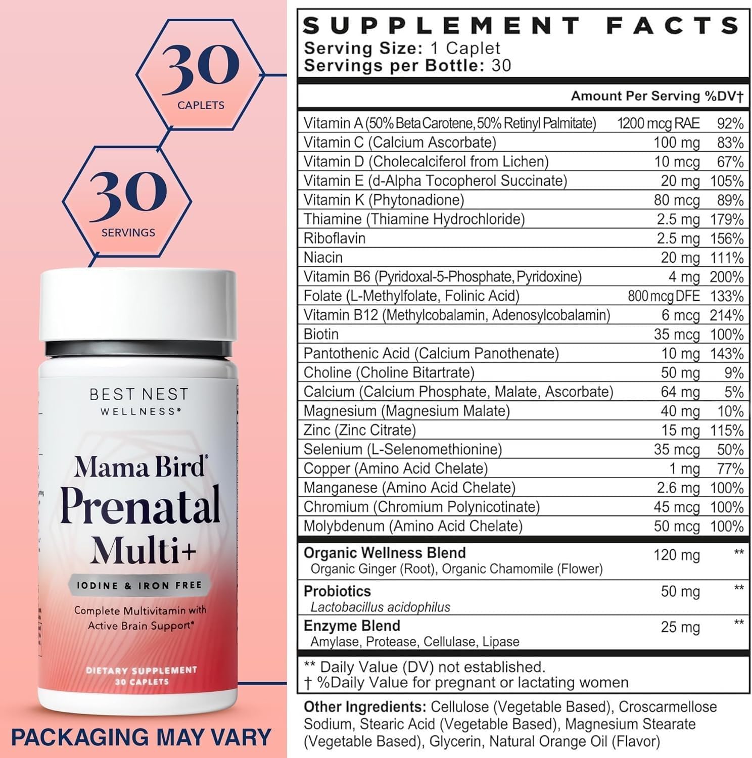Prenatal Multivitamin with Iodine & Iron-Free for Brain & Digestive Health - Vegan Caplets with Probiotics & Methylfolate - 30 Count