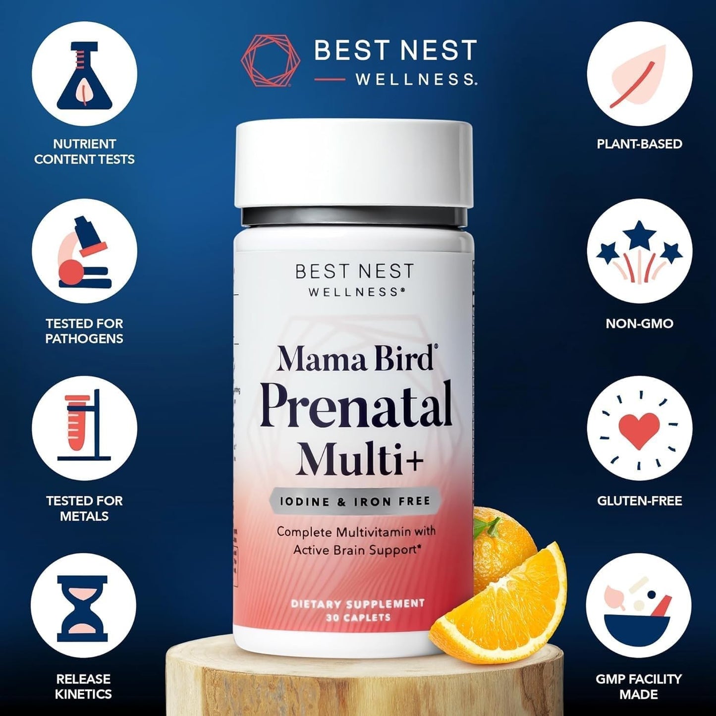 Prenatal Multivitamin with Iodine & Iron-Free for Brain & Digestive Health - Vegan Caplets with Probiotics & Methylfolate - 30 Count
