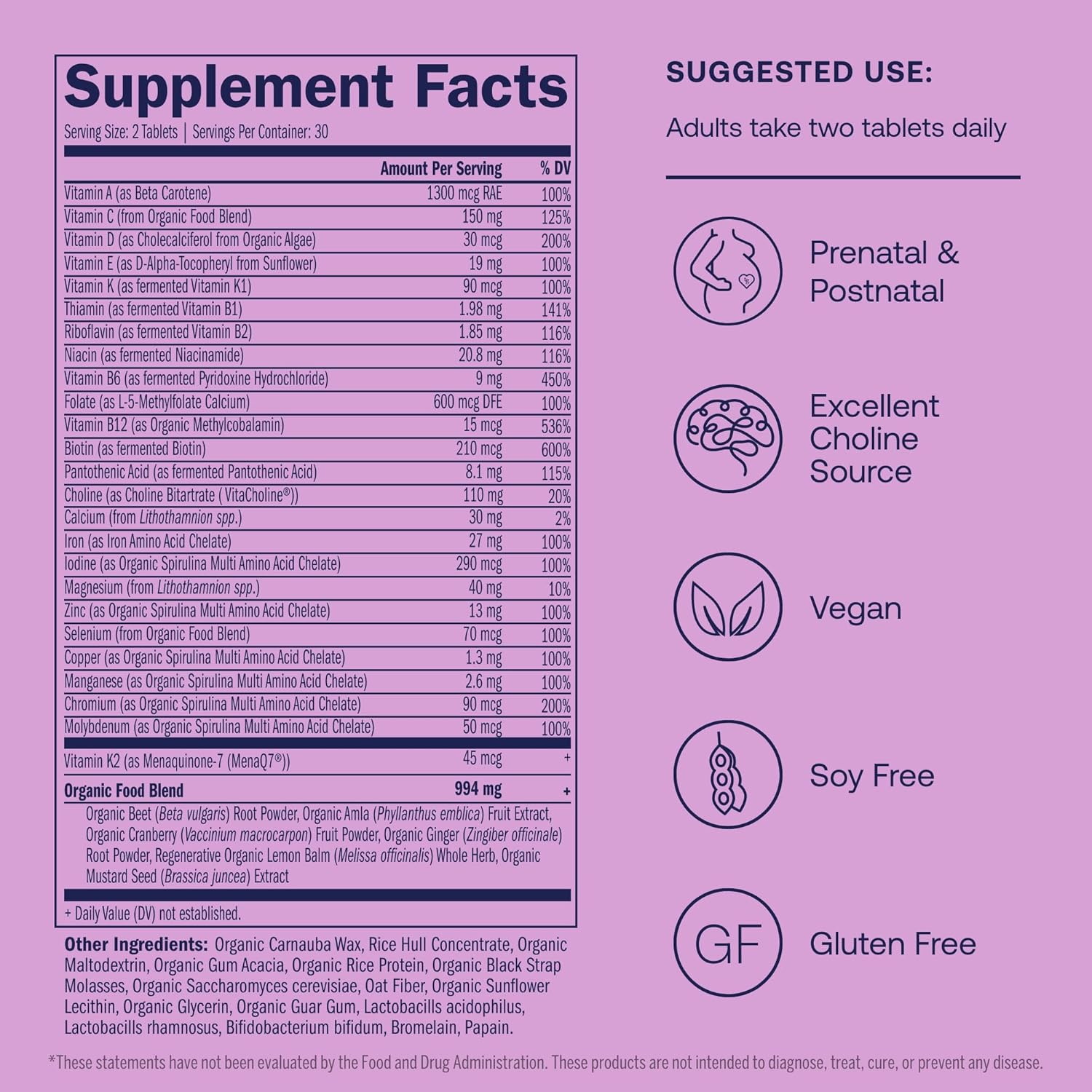 Prenatal Multivitamin with Methylfolate & Choline - 60 Vegan Tablets - Supports Healthy Mom & Baby - Gluten & Soy Free - 30 Servings