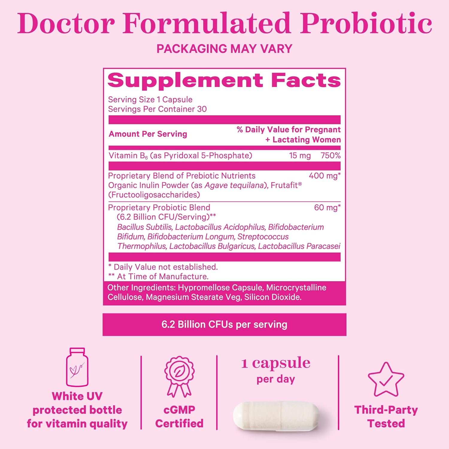 Prenatal Probiotics with Vitamin B6 and Prebiotics for Morning Sickness, Gut Health, and Immune Support during Pregnancy - 60 Capsules