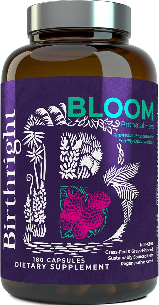 Prenatal Supplement with Folate, Choline, DHA for Fetal Development, from Grass Fed Sources and Herbal Blend Bloom