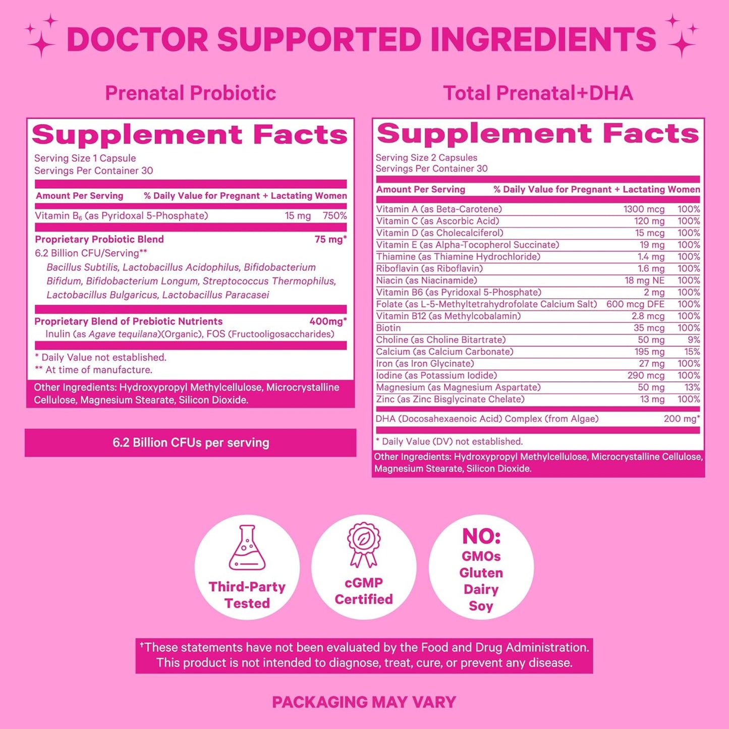 Prenatal Vitamin and Probiotic Combo for Morning Sickness & Fetal Development - 90 Capsules - DHA, Folate, Vitamin B6