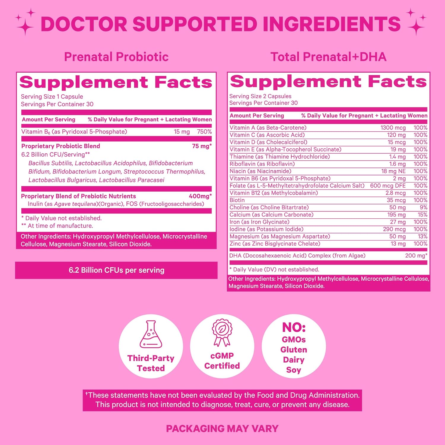 Prenatal Vitamin and Probiotic Combo for Morning Sickness & Fetal Development - 90 Capsules - DHA, Folate, Vitamin B6