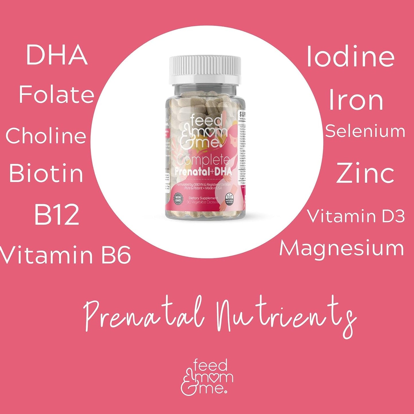 Prenatal Vitamin with DHA for Mom & Baby Development, 22 Essential Nutrients, Folate, Iron, Choline, Vitamin D3, Calcium, Non-GMO - 30 Day Supply