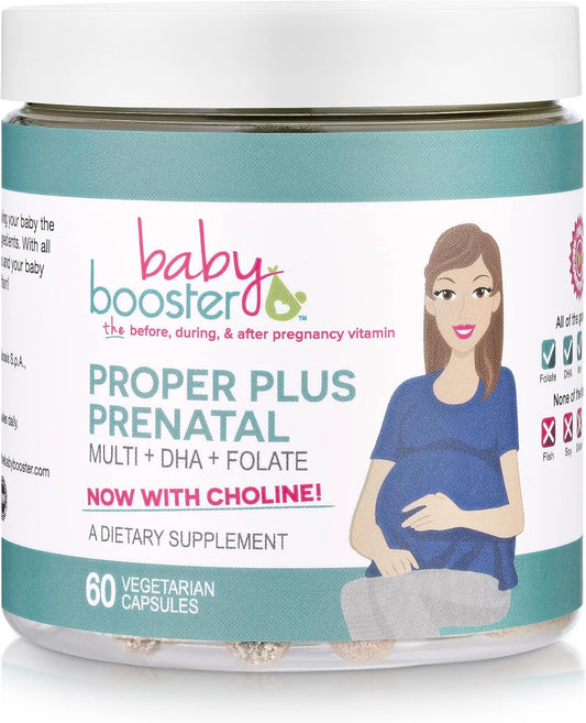 Prenatal Vitamins for Pregnancy, Morning Sickness, and Lactation - Baby Booster Proper Plus with Vegan DHA, Methyl Folate, Choline - 60 Capsules
