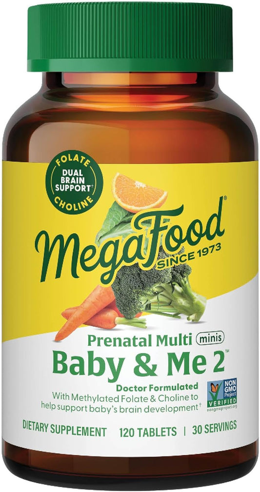 Prenatal Vitamins for Women - MegaFood Baby & Me 2 with Folate, Choline, Iron, Iodine, Vitamin C, D - 120 Mini Tabs