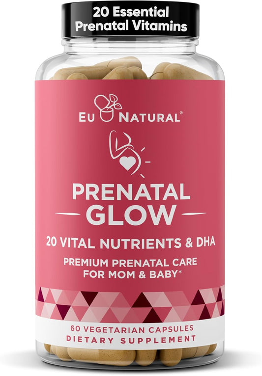 Prenatal Vitamins for Women with 20 Vital Nutrients – Folic Acid & Vegan DHA for Healthy Pregnancy and Baby's Growth – 60 Nourishing Capsules by Eu Natural Glow