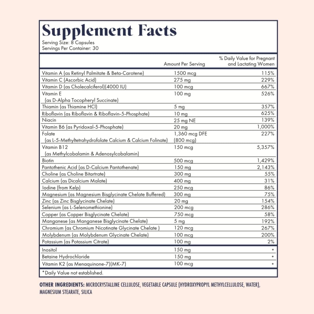 Prenatal Vitamins with Choline, Folate, Vitamin D | 26 Essential Nutrients | Dietitian-Formulated | OBGYN Recommended | Non-GMO | Third-Party Tested | 60 Servings