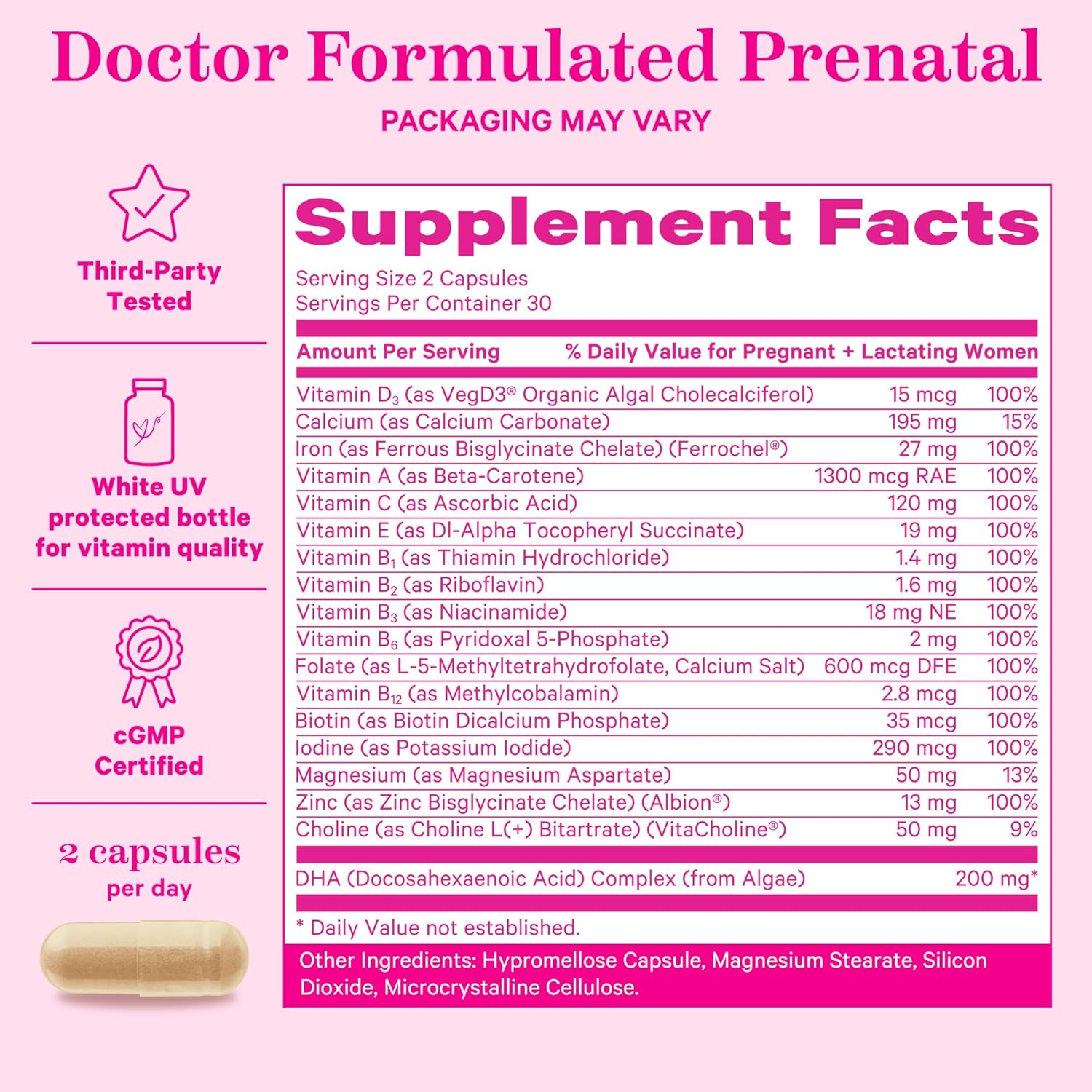 Prenatal Vitamins with DHA, Folate, Iron, Choline, and Vitamin B12 - Supports Fetal Development - 60 Capsules