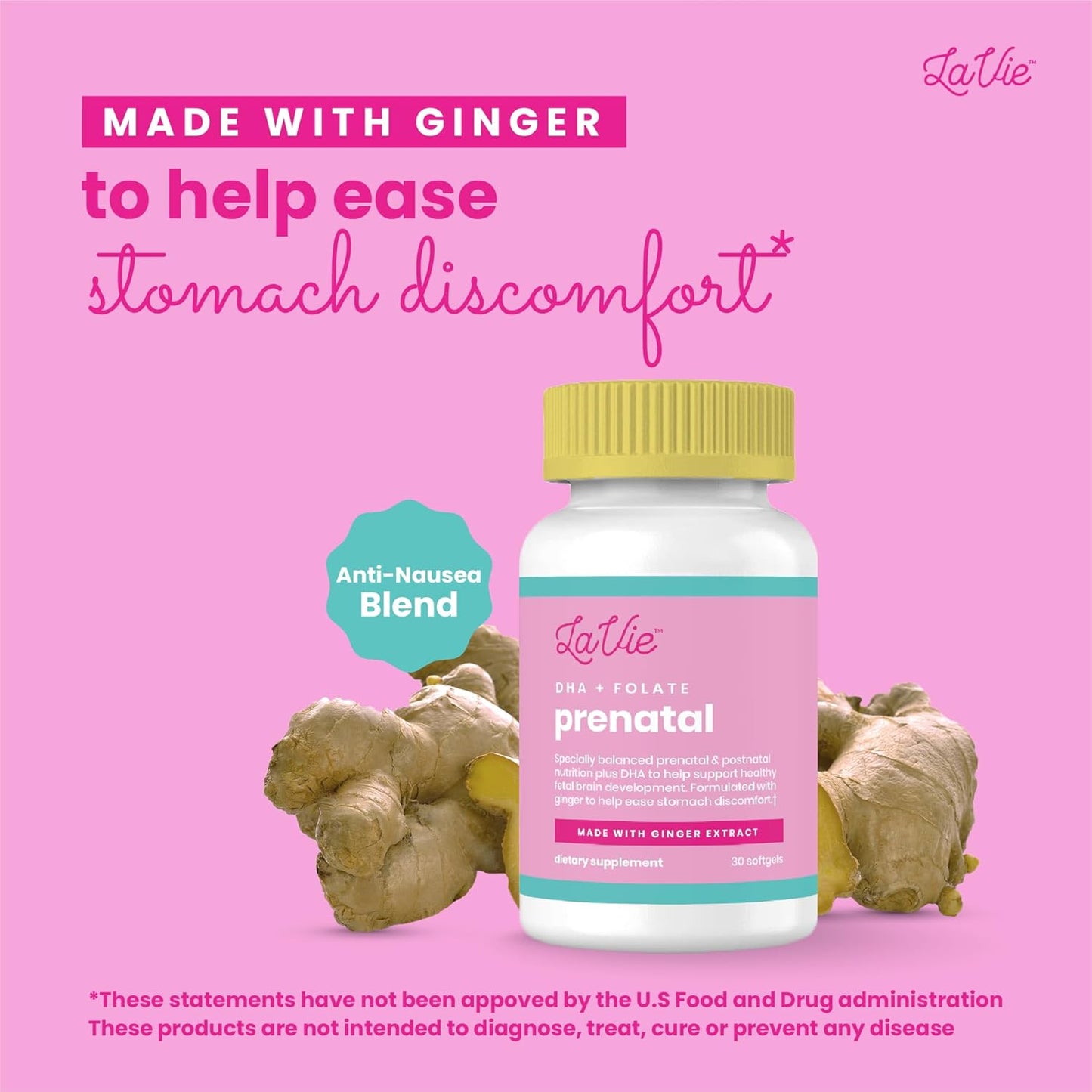 Prenatal Vitamins with Ginger, DHA, Folic Acid, & Iron - Essential for Baby's Brain & Body - Non-GMO, Gluten-Free (1 Month Supply)
