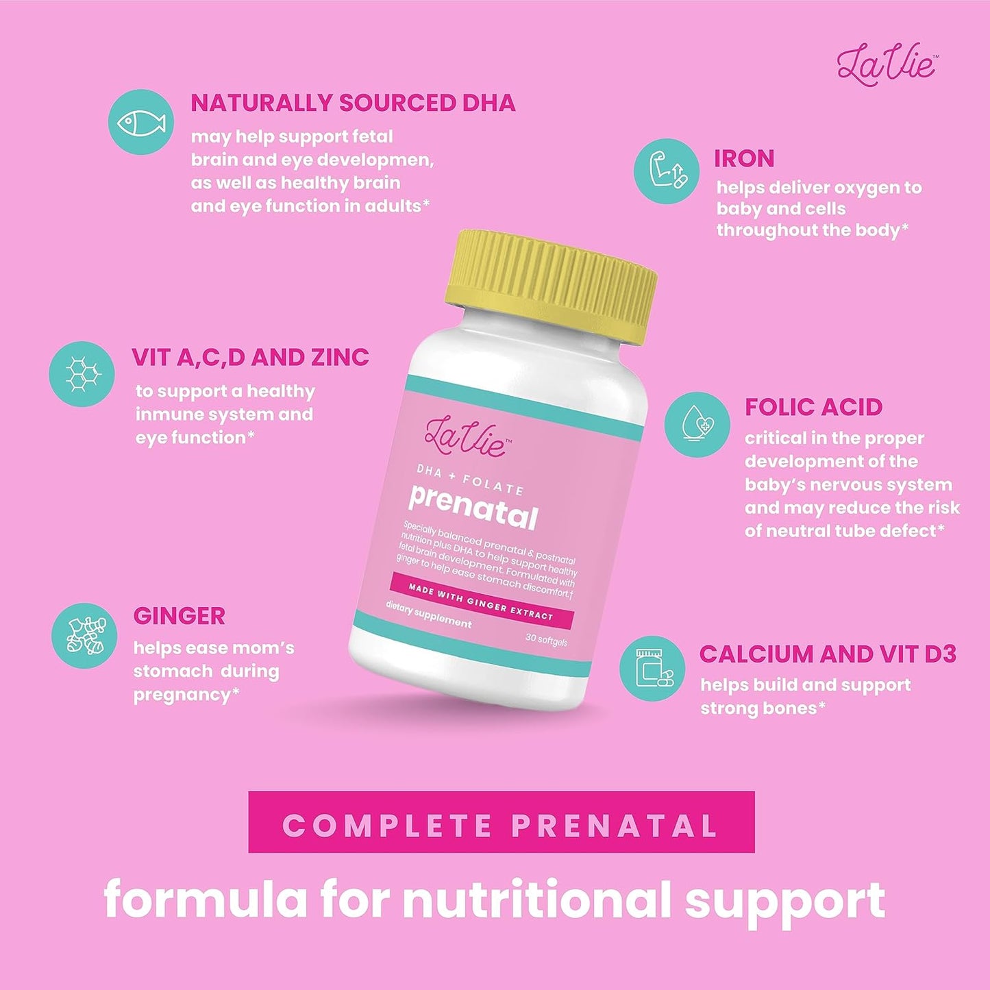 Prenatal Vitamins with Ginger, DHA, Folic Acid, & Iron - Essential for Baby's Brain & Body - Non-GMO, Gluten-Free (1 Month Supply)