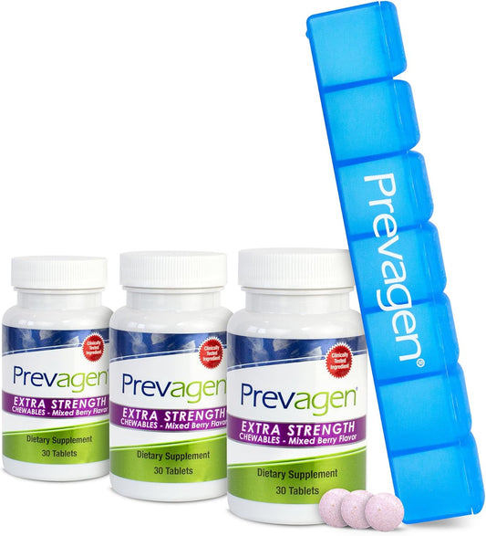 Prevagen Extra Strength 20mg Chewables in Mixed Berry Flavor - 3 Pack with Apoaequorin, Vitamin D, and Pill Minder