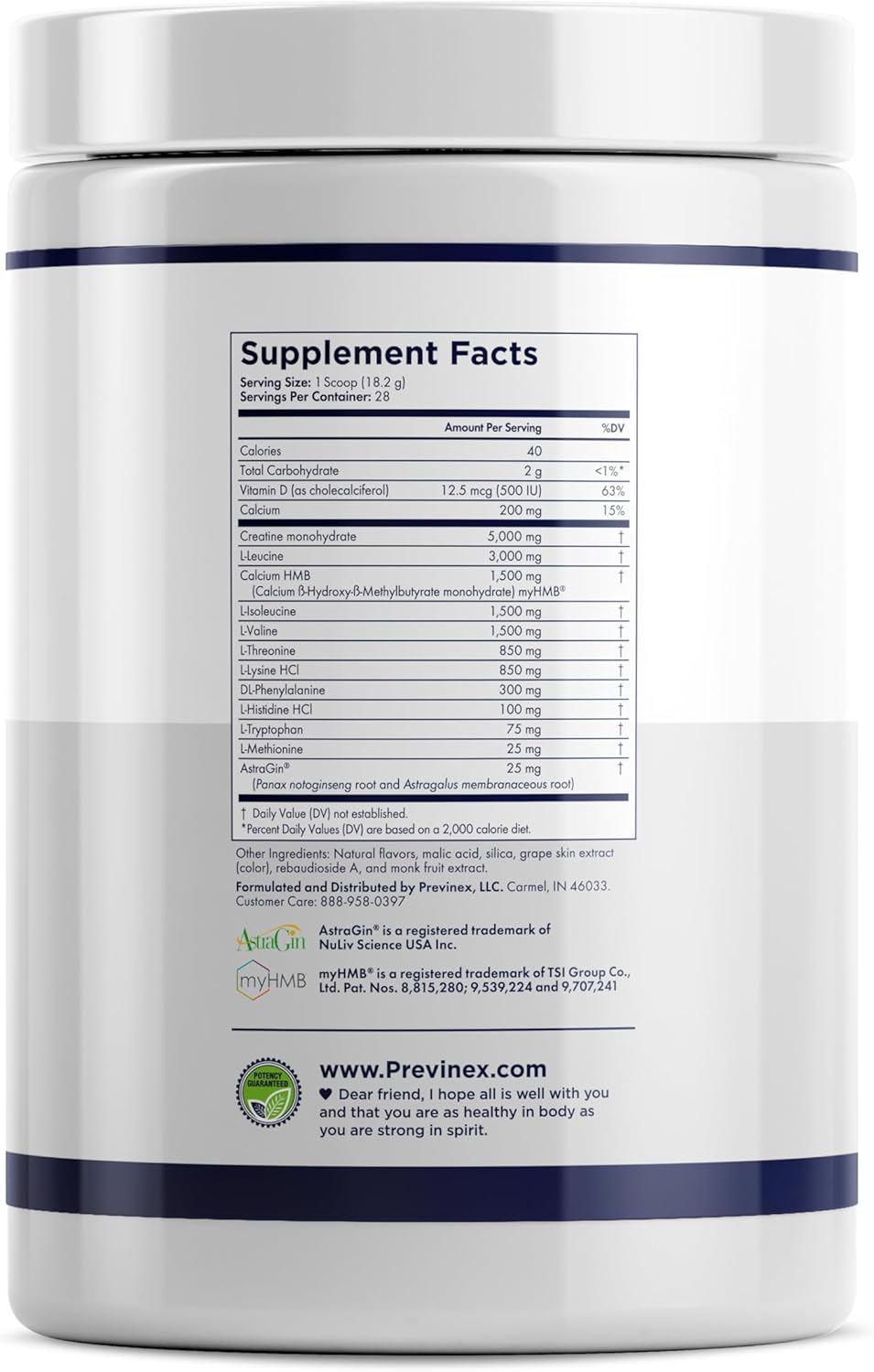 Previnex Muscle Health Plus: Complete Formula for Muscle Support with Creatine Monohydrate, myHMB, BCAA, Essential Amino Acids & Astragin