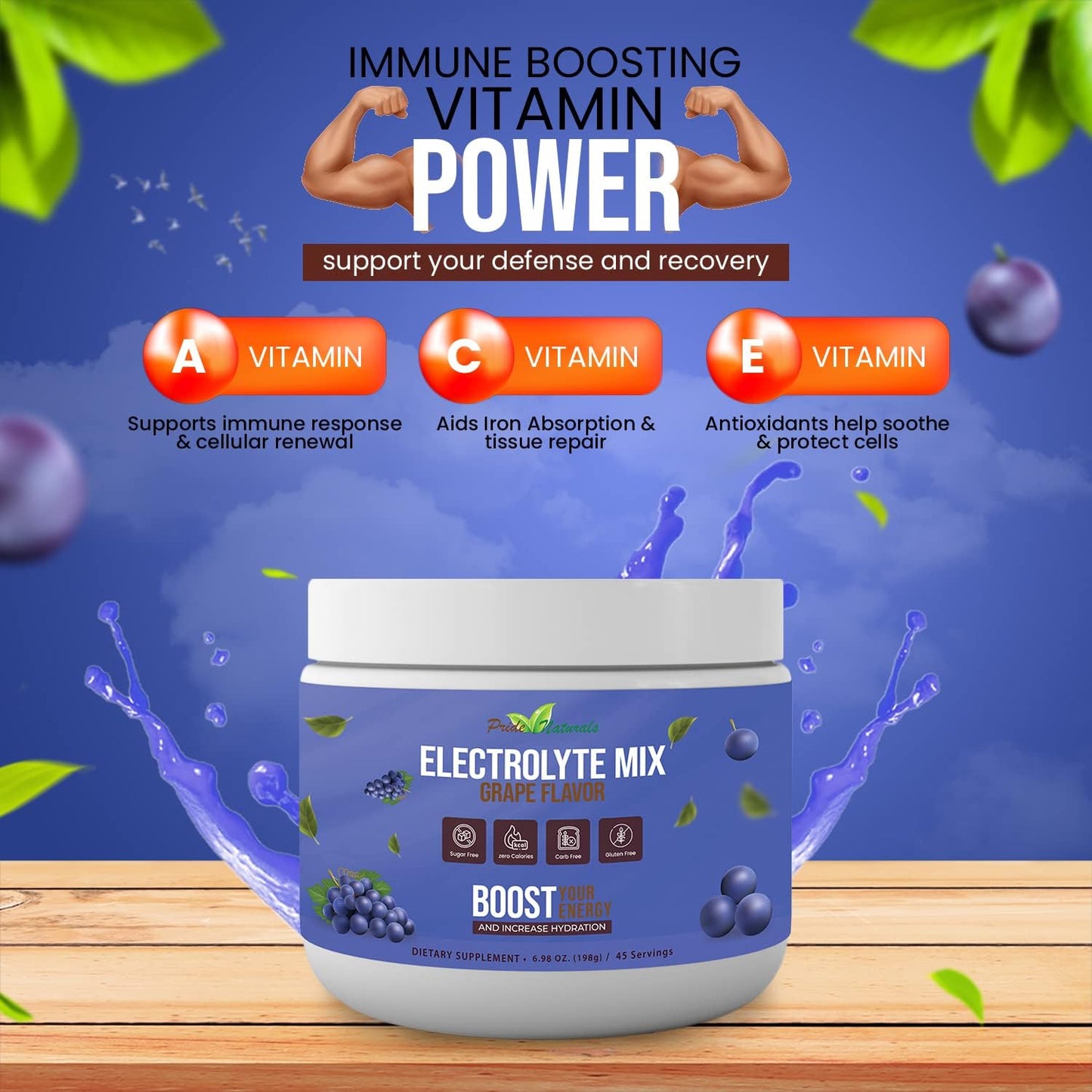 Pride Naturals Inc Electrolyte Powder - Grape Flavored Hydration Beverage for Keto & Paleo, Sugar-Free & Vegan Workout Recovery with Immune Boosting Vitamins