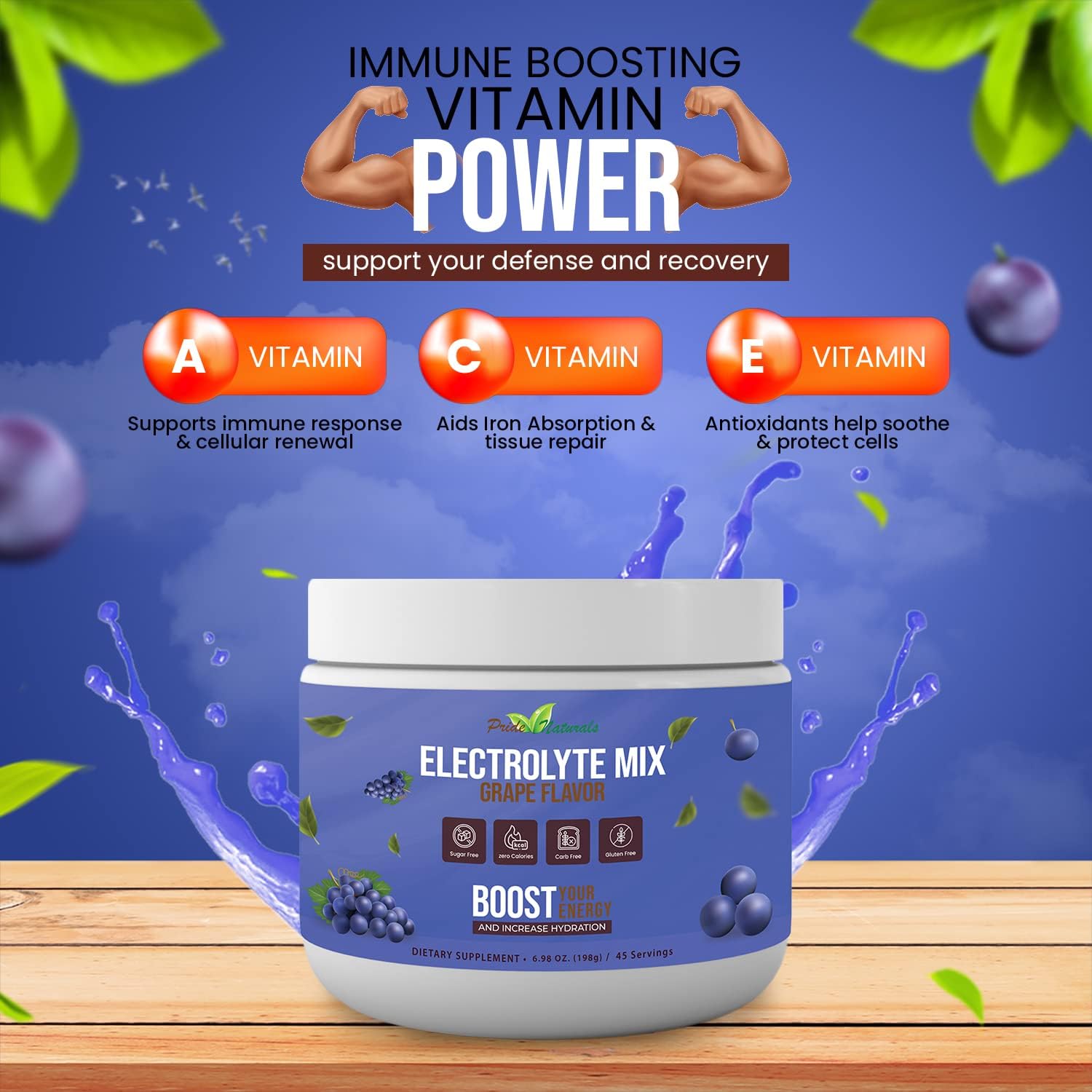 Pride Naturals Inc Electrolyte Powder - Grape Flavored Hydration Beverage for Keto & Paleo, Sugar-Free & Vegan Workout Recovery with Immune Boosting Vitamins