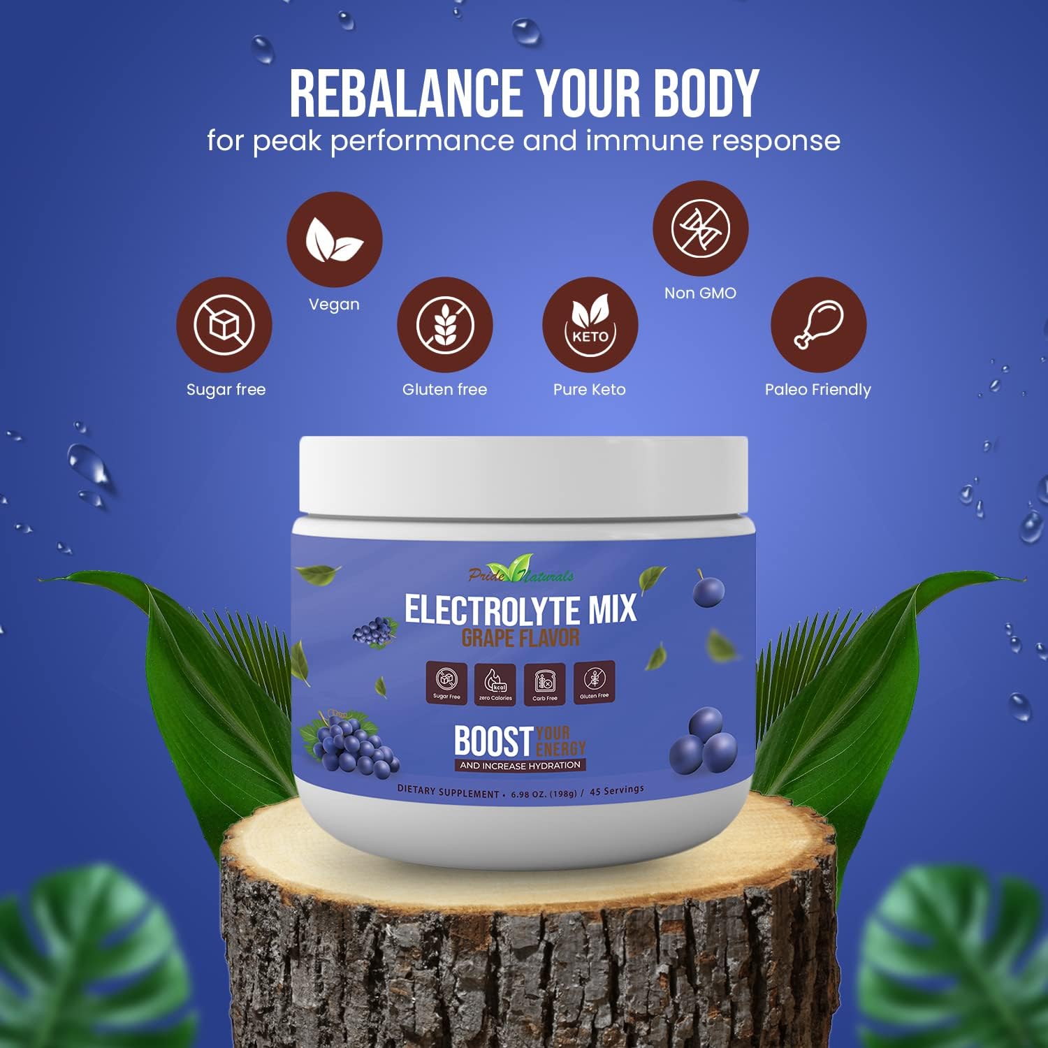 Pride Naturals Inc Electrolyte Powder - Grape Flavored Hydration Beverage for Keto & Paleo, Sugar-Free & Vegan Workout Recovery with Immune Boosting Vitamins