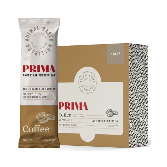 Prima Grass Fed Protein Bars - Animal-Based Beef Tallow Bar with Raw Honey, Seed Oil Free, Low Carb, Gluten-Free Snacks - Healthy Energy Bars for Clean Eating Lifestyle (Coffee Flavor)