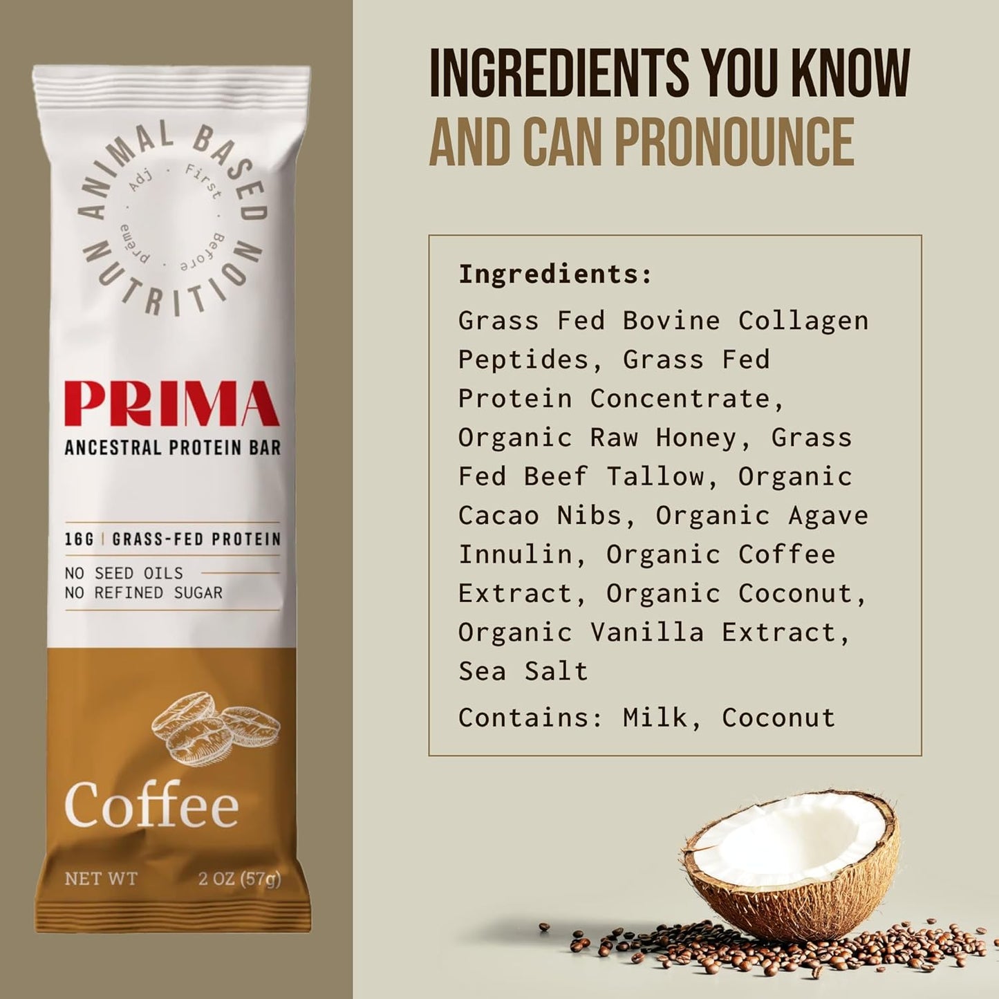 Prima Grass Fed Protein Bars - Animal-Based Beef Tallow Bar with Raw Honey, Seed Oil Free, Low Carb, Gluten-Free Snacks - Healthy Energy Bars for Clean Eating Lifestyle (Coffee Flavor)