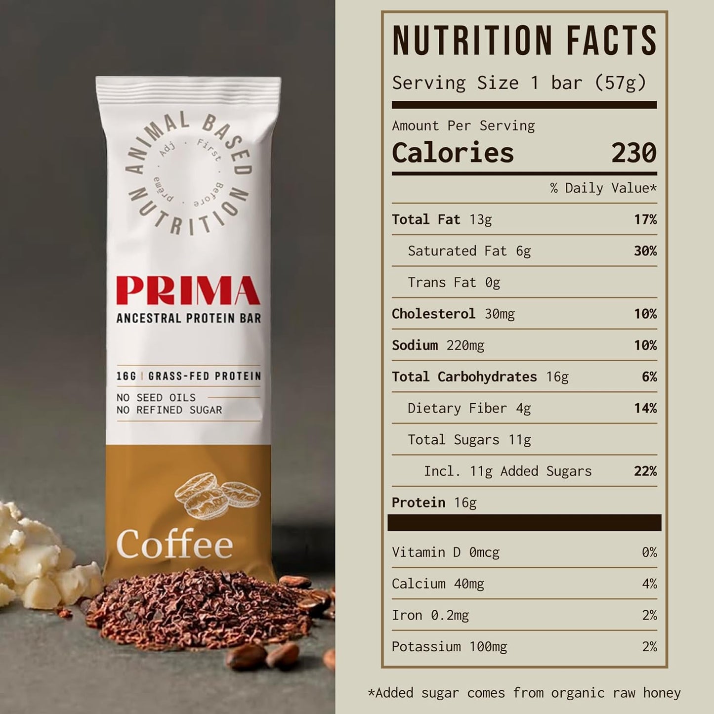 Prima Grass Fed Protein Bars - Animal-Based Beef Tallow Bar with Raw Honey, Seed Oil Free, Low Carb, Gluten-Free Snacks - Healthy Energy Bars for Clean Eating Lifestyle (Coffee Flavor)