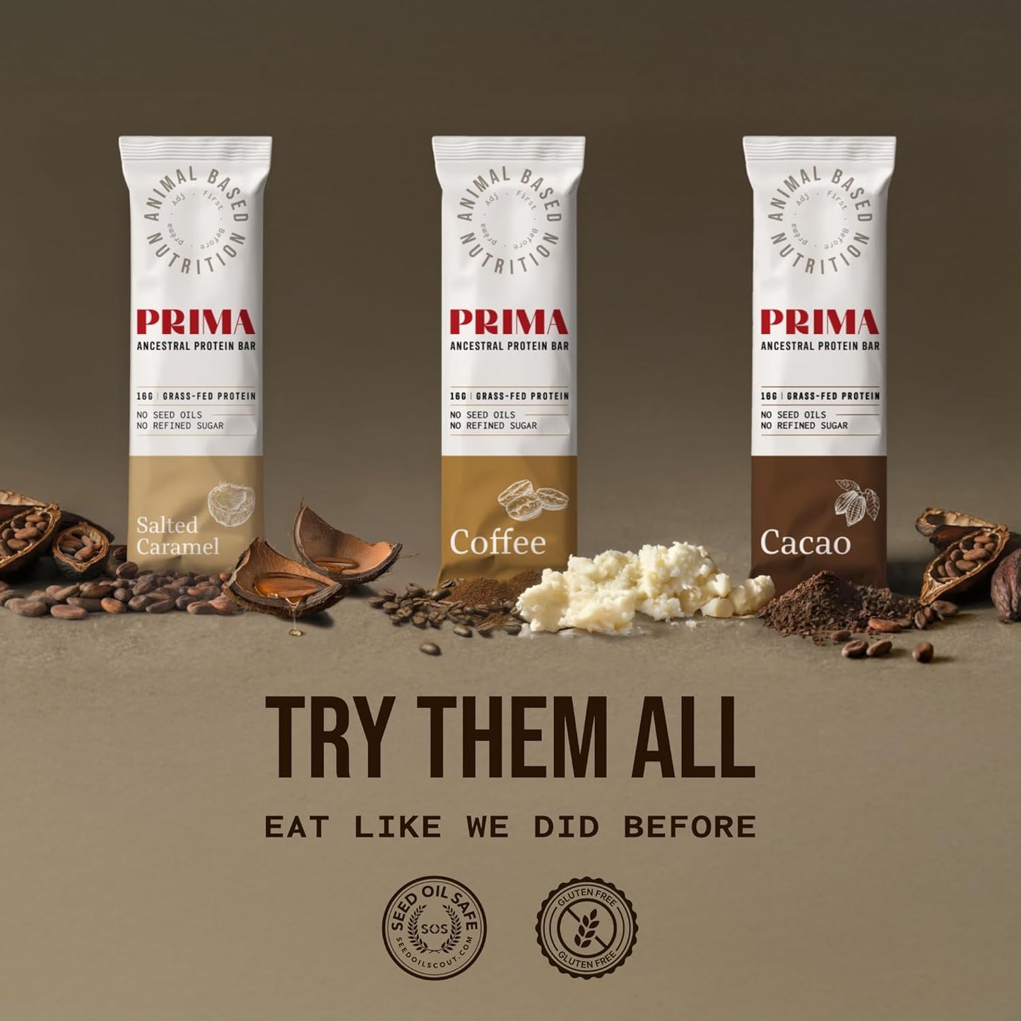 Prima Grass Fed Protein Bars - Animal-Based Beef Tallow Bar with Raw Honey, Seed Oil Free, Low Carb, Gluten-Free Snacks - Healthy Energy Bars for Clean Eating Lifestyle (Coffee Flavor)
