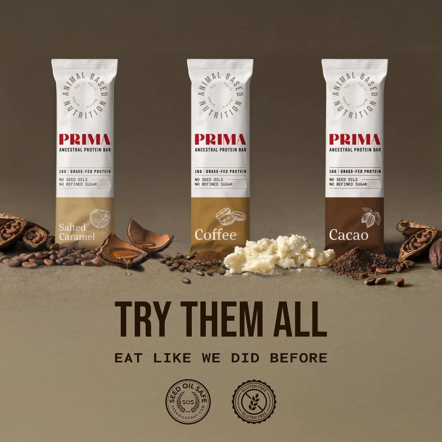 Prima Grass Fed Protein Bars - Animal-Based Beef Tallow Bar with Raw Honey, Seed Oil Free, Low Carb, Gluten-Free Snacks - Healthy Energy Bars for Clean Eating Lifestyle (Coffee Flavor)