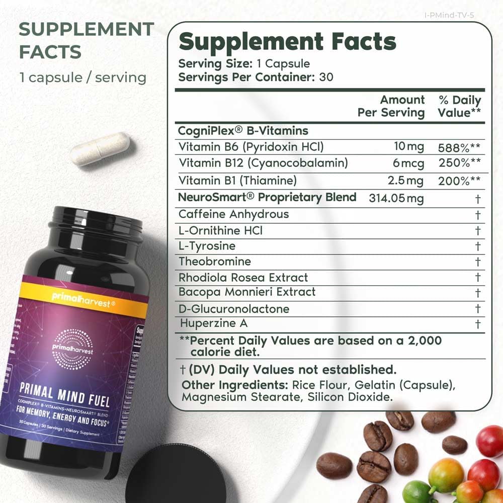 Primal Harvest 2 Pack Brain Booster for Focus, Energy, Clarity, Memory - Nootropic Supplement for Men and Women - 30 Capsules
